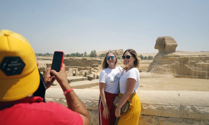Tourists visiting the Sphinx of Giza. Egypt has reopened tourist attractions for the first time since the Covid-19 closure in March.