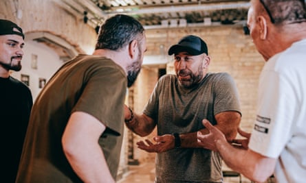 Four performers during a rehearsal at the Theatre of Veterans in Podil.