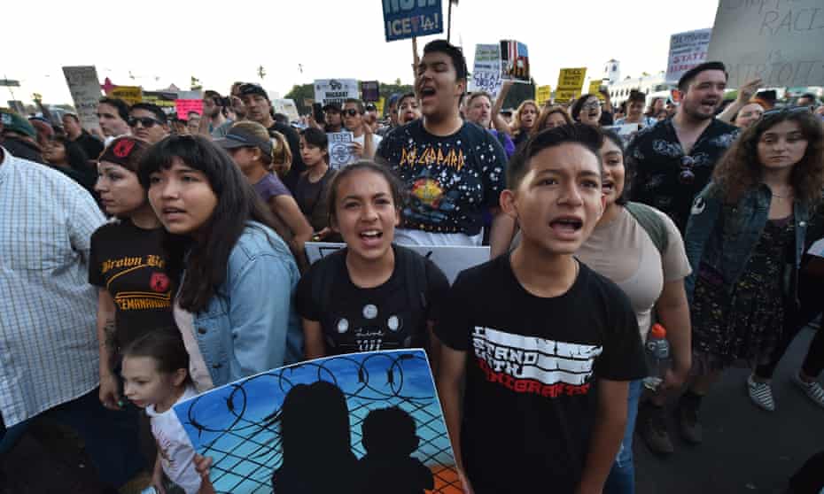 Protesters chant outside an Ice detention center in Los Angeles.