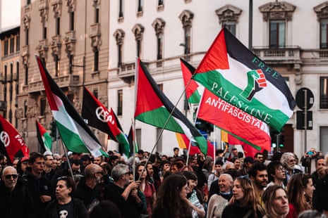 Demonstrators participate in a march in support of the Global Sumud Flotilla in Milan, Italy, on 30 April 2026.