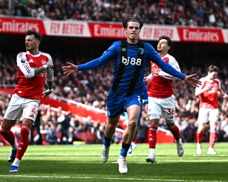 Alex Scott celebrates scoring for Bournemouth against Arsenal