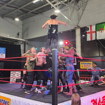 Sally Goldner performs her first missile dropkick off the top rope.