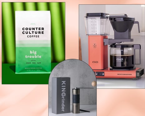 A coffee grinder, a drip coffee maker, and a bag of coffee beans