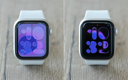 The Apple Watch SE 3 pictured with the watch face lit and idle.