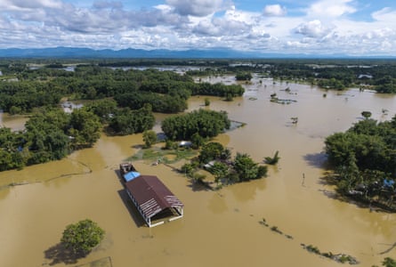 An aerial view of vast areas submerged by flood waters