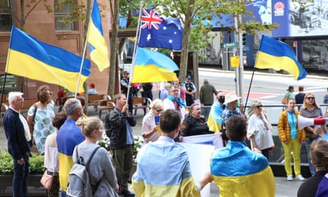 Ukrainians and their supporters gather in Martin Place in Sydney to protest against the Russian invasion. 