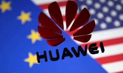 Huawei logo against EU and US flags