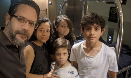 Melbourne family Daniel Capurro (pictured left), Javiera Martinez (second from left) and their children missed their flight to Chile and were left stranded in Sydney.