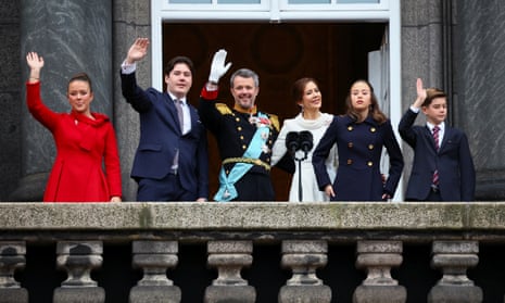 Denmark's newly proclaimed King Frederik and Queen Mary, Prince Christian, Princess Isabella, Prince Vincent and Princess Josephine gesture on the balcony of Christiansborg Palace.