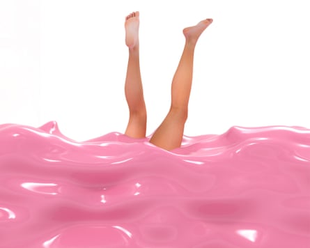 A woman’s legs sticking out of what looks like a sea of pink gloop