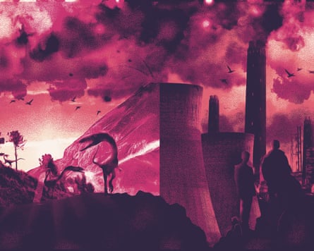 A red and black illustration of a dinosaur and its baby, industrial chimneys and a man and son surrounded by clouds of smoke