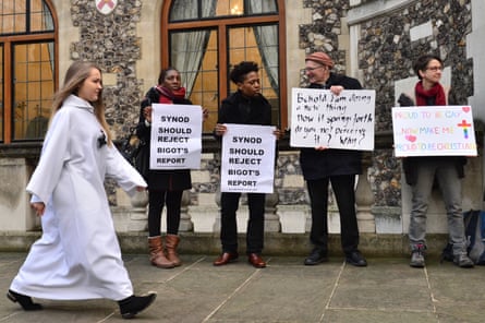 Activists from the Lesbian and Gay Christian Movement outside the General Synod at Church House in London, where a Church of England report on same sex marriage was being discussed, 2017
