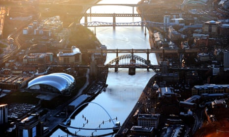 Aerial view of Newcastle area and the bridges crossing the Tyne.