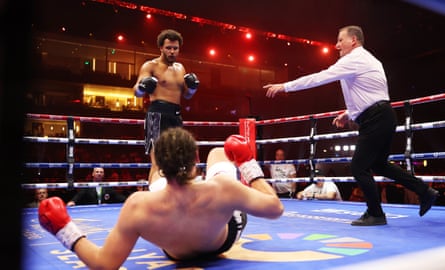 Ilja Mezencev is knocked down by Moses Itauma during the heavyweight fight in Riyadh, Saudi Arabia.