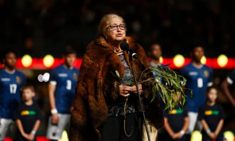 Aunty Joy Murphy performs a welcome to country at the international friendly match between Australia and Ecuador at AAMI Park on 28 March