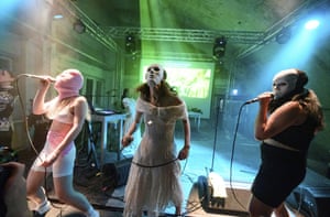 Berlin, Germany: (L-R) Diana Burkot, Maria Alyokhina and Olga Borisova of Pussy Riot perform at Funkhaus Berlin