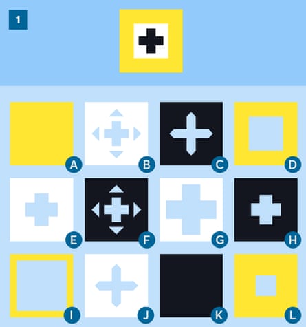 Which of the stencils/blocks from A to L are used to make the top image, and in which order?