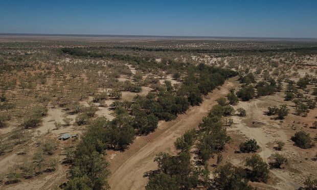 An aerial view of the dry Darling riverbed is seen in Louth, Australia