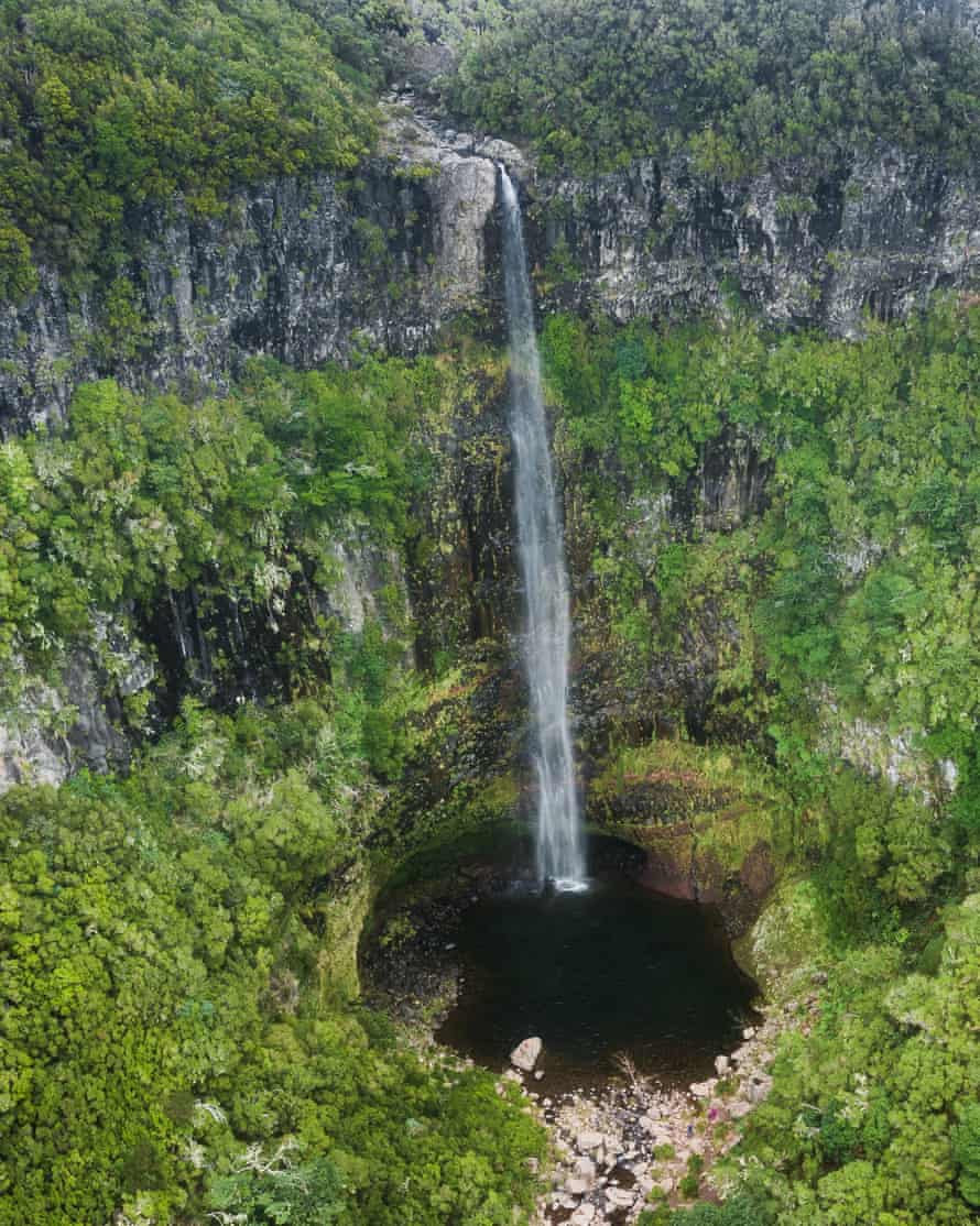 Aerial drone view of the waterfall