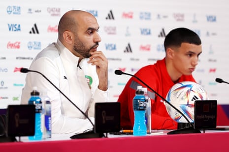 Walid Regragui, head coach of Morocco, reacts during the Morocco press conference.