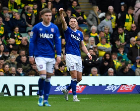 George Hirst of Ipswich Town celebrates scoring.