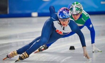 Elise Christie leads the way against Italy’s Arianna Fontana at the European Short Track Speed Skating Championships in 2020
