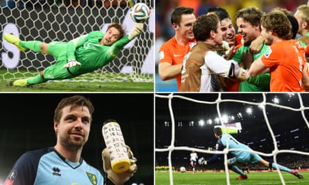 Tim Krul saving a penalty against Costa Rica, then celebrating the win; and with the bottle that helped him during a shootout at Tottenham.