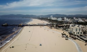 An empty Santa Monica beach, Los Angeles, yesterday.