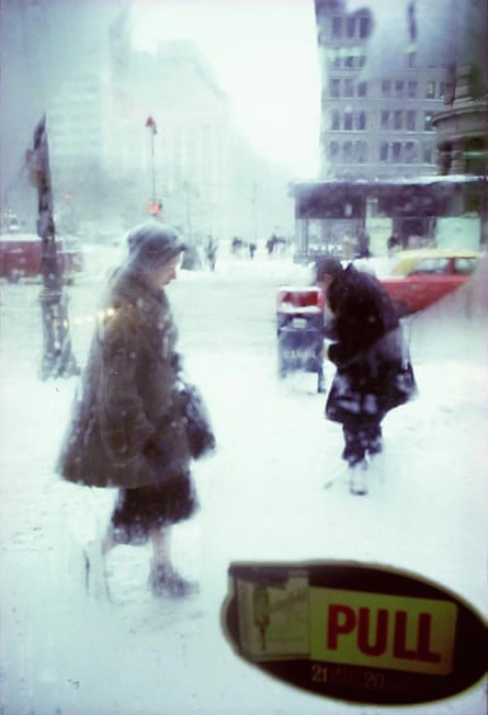 Pull, c 1960. Snowy Manhattan street scene shot from inside through a steamy window