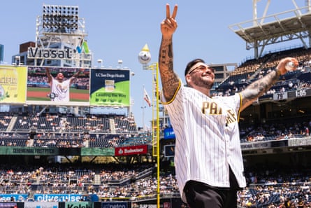 Andy Ruiz Jr throws out the ceremonial first pitch before the Padres’ game against the San Francisco Giants at Petco Park last month in San Diego.