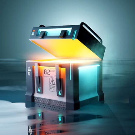 3D rendering of a modern, hi-tech treasure chest with its lid open and an orange glow coming from within