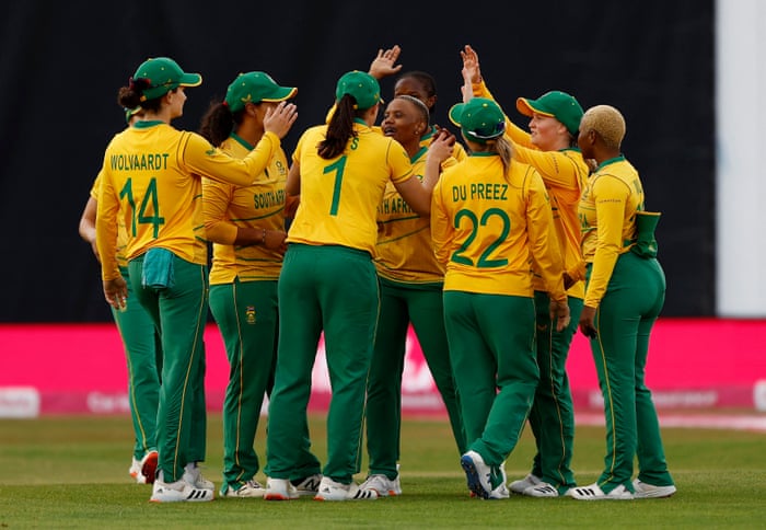 South Africa’s Masabata Klaas celebrates the wicket of England’s Amy Jones with her teammates.