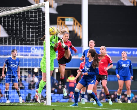 Manchester UnitedâÂÂs Andrea Medina has a close-range effort saved by Courtney Brosnan of Everton