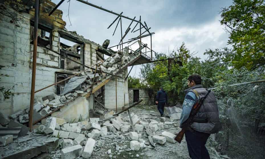 A destroyed house in Martakert village during the clashes in Nagorno Karabakh. A ceasefire will begin on Saturday.