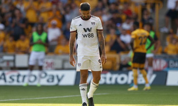 Fulham’s Aleksandar Mitrovic looks dejected after missing his penalty against Wolves.