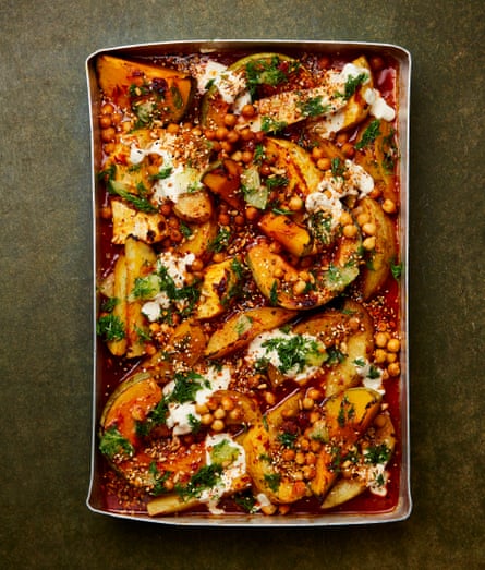 Yotam Ottolenghi’s root vegetables with harissa chickpeas, tahini yoghurt and dukkah.