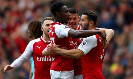 Danny Welbeck celebrates scoring Arsenal’s first goal against Bournemouth with Granit Xhaka.