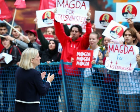 Opposition leader Magdalena Andersson interacts with supporters as she arrives for a TV debate with incumbent prime minister Ulf Kristersson ahead of Sunday’s general election in Rinkeby in Stockholm, Sweden.