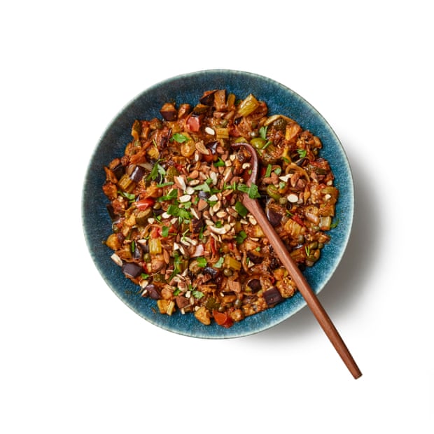 Sprinkle Felicity Cloake’s caponata with nuts and then serve.
