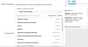 Facebook’s ad platform enables targeting of people interested in “vaccine controversies”