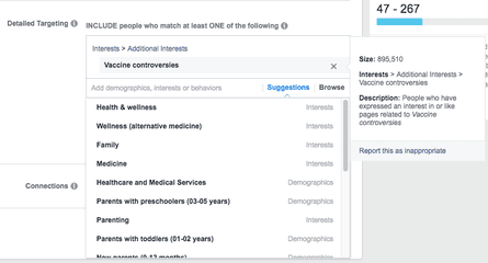 Facebook’s ad platform enables targeting of people interested in “vaccine controversies”