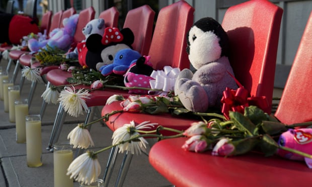 Plush toys on chairs that were placed in remembrance of the victims of a mass shooting in Uvalde, Texas.