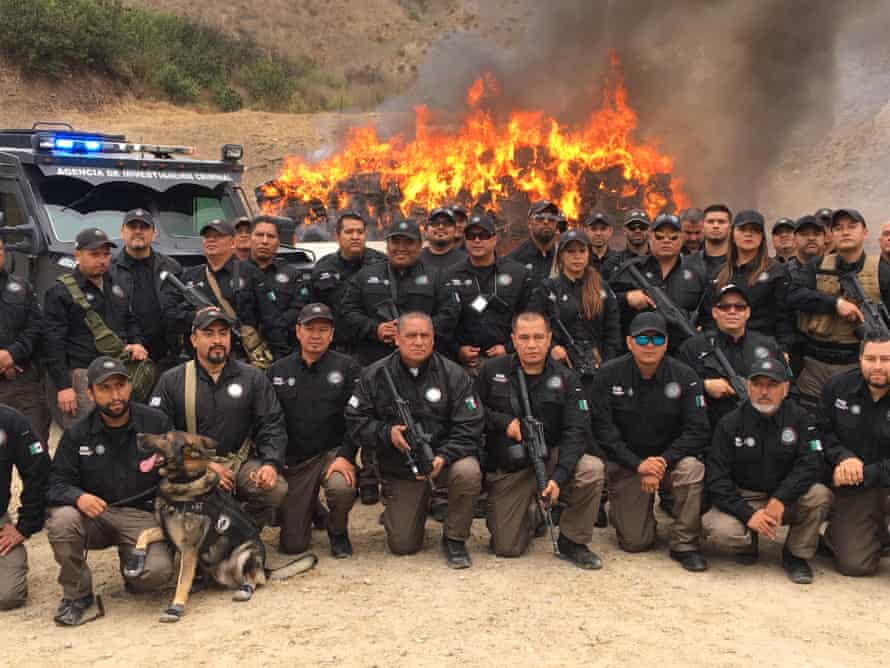 Law enforcement agents pose in front of a bonfire of drugs, Tijuana.