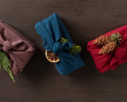 Furoshiki gifts. Eco friendly alternative green Xmas presents wrapped in clothes.