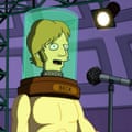 Animated image of Beck's head in a jar on top of a body, singing into a microphone