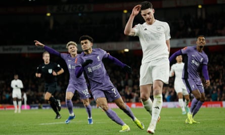 Luis Díaz celebrates after scoring for Liverpool at Arsenal in the FA Cup