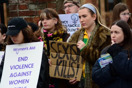 People gather at Queens University Belfast to protest against the rise in femicide in Northern Ireland, 16 October 2024.