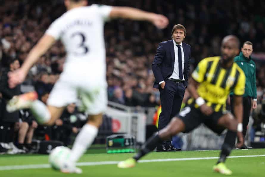 Antonio Conte watches on during Tottenham’s home game against Vitesse, who are upset by the delay to Spurs’s final group fixture.