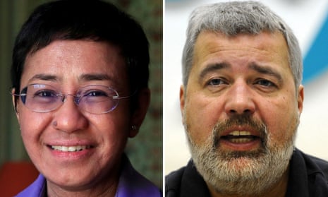 Maria Ressa (L), co-founder and CEO of the Philippines-based news website Rappler, and Dmitry Muratov (R), editor-in-Chief of Russia’s main opposition newspaper Novaya Gazeta.