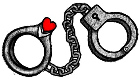 Illustration by David Foldvari of handcuffs with a wedding ring at one end